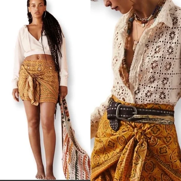NWOT Free People REVOLVE Imogen Sarong Mini Skirt in Turmeric Made in India - Picture 2 of 10